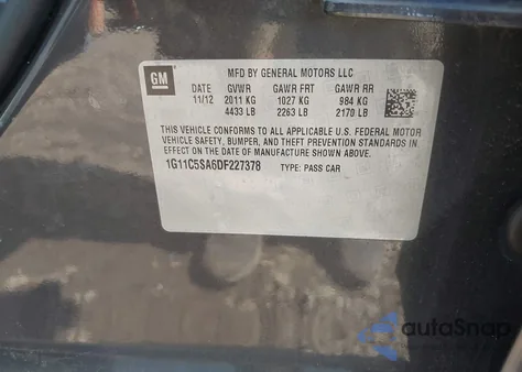 2013 Chevrolet Malibu 1Lt z USA, uszkodzony, nr VIN 1G11C5SA6DF227378